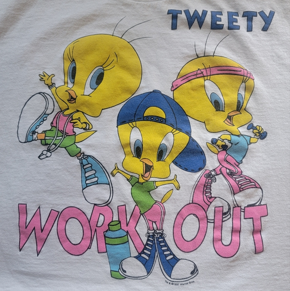 Vtg 90s Tweety Looney Tunes Work Out Crop Top - Picture 2 of 6